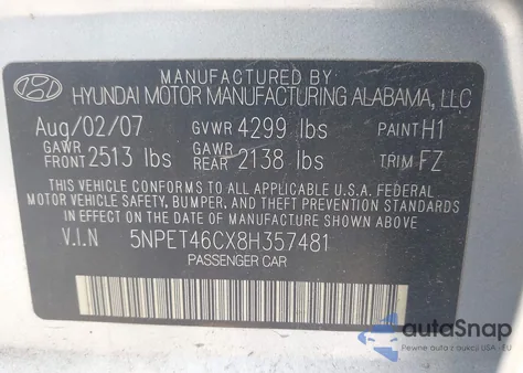 2008 Hyundai Sonata Gls z USA, uszkodzony, nr VIN 5NPET46CX8H357481